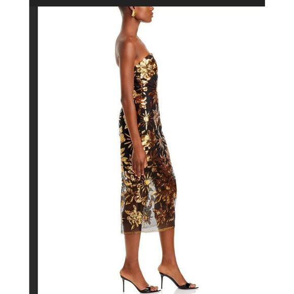 MILLY Sz 0 XS Kait Dress Gold Black Sequin Holiday Nights Strapless Midi - Picture 11 of 11